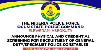 Ogun Police Command Announces Physical and Credential Screening for Police Constables Recruitment